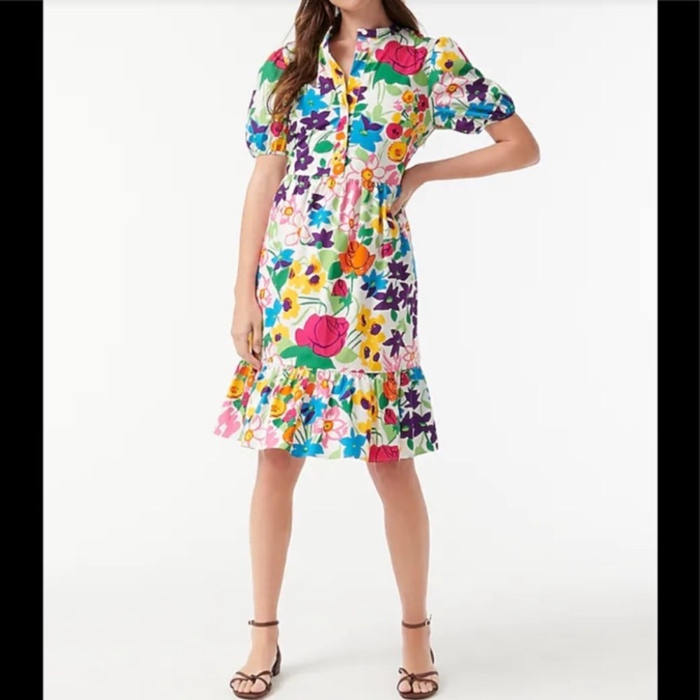J crew vibrant garden‎ puff sleeves dress midi size 12 summer vacation travel